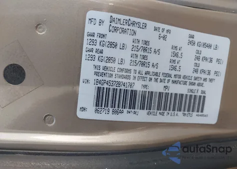 2002 Dodge Caravan Sport z USA, uszkodzony, nr VIN 1B4GP45372B741707